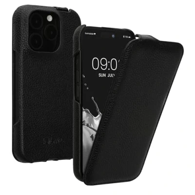 Image de kalibri Housse Rabattable Pochette Ultra Fine Compatible avec Apple iPhone 16 Pro Étui de Protection en Cuir Noir
