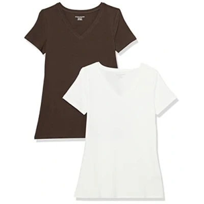 Image de Amazon Essentials T Shirt Col en v à Manches Courtes Coupe Classique Femme, Lot de 2, Marrón Espresso/Blanc, S