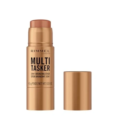 Image de Rimmel Bâton bronzant multi tâches 3 en 1, 002 moyen, éclat sculpté et bronzé, à porter toute la journée, finition transparente rosée, infusé avec de vitamine C E, formule végétalienne, sans