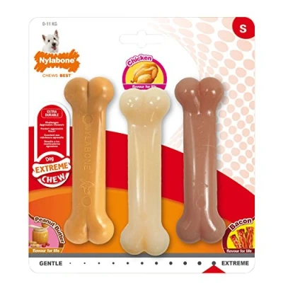 Image de Nylabone Jouet à mâcher résistant Dura, lot de 3, en forme d’os, arômes beurre cacahuète, poulet et bacon, pour les petits Chiens (jusqu’à 11kg), mâchouillage puissant/extrême
