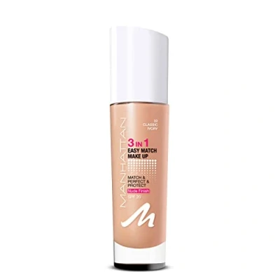 Image de Manhattan 3in1 Easy Match Make up, Fond de teint liquide pour peau bronzée avec SPF 20, Couleur 32 Ivoire classique, 1 x 30 ml