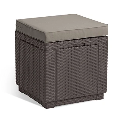 Image de Keter Allibert by Tabouret Cube de Rangement, Marron, avec Coussin, Couvercle Amovible, Aspect rotin, résistant aux intempéries, 42 x 39 cm