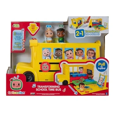 Image de CoComelon Transforming School Time Bus Lumières et sons 3 chansons préférées 6 aires de jeux Figurines JJ Cody amovibles Jouet pour enfants d&#039;âge préscolaire