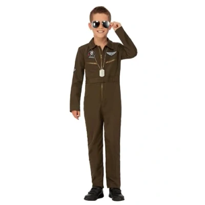 Image de Smiffys Déguisement d&#039;aviateur Top Gun Maverick pour garçon, vert, avec combinaison pantalon et badges nominatifs interchangeables