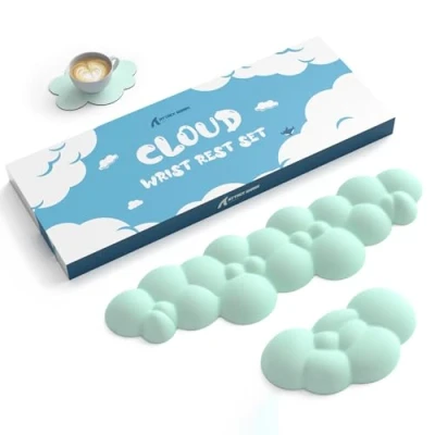 Image de ATTACK SHARK Cloud Repose Poignet Tapis de Souris avec Dessous Verre, Support Ergonomique pour Clavier, Base Antidérapante, Ensemble d&#039;accessoires Bureau Mignons Vert Clair