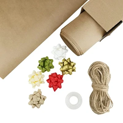 Image de LEVIATAN Set D&#039;emballage Cadeau 10 Feuilles (1050x1260mm) Papier Kraft avec Fil de Jute 50m 6 Pièces Rubans Cadeaux Autocollants Ruban Adhésif Instructions Utiles pour Emballer les