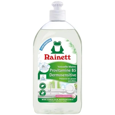 Image de RAINETT Liquide Vaisselle Mains Dermosensitive Formule Hypoallergénique pH Neutre Préserve les Peaux Sensibles Flacon Recyclé &amp; Recyclable Ecolabel Format Compact 500 ml