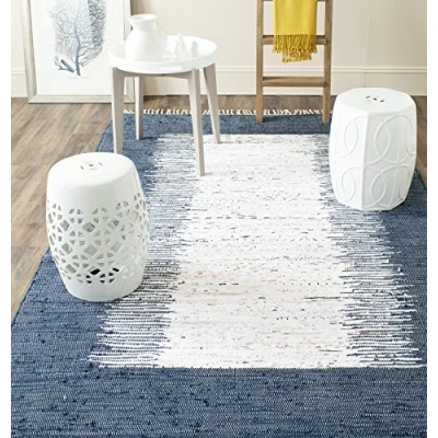 Image de SAFAVIEH Grand Tapis de Salon rectangulaire pour Une Utilisation en intérieur, Coton, Ivoire/Marine, 90 X 150 cm