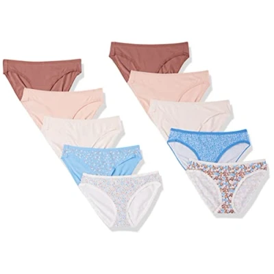 Image de Amazon Essentials Bas de Bikini en Coton (Grandes Tailles Disponibles) Femme, Lot 10, Multicolore/Fleuri/Motif Liberty/Points, 38