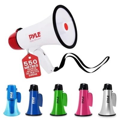 Image de PYLE Haut Parleur mégaphone PA avec Sirène Intégrée porte voix 20 Watts Contrôle de Volume Ajustable, &amp; Portée 730 mètres pour les sports, entraîneurs, la sécurité
