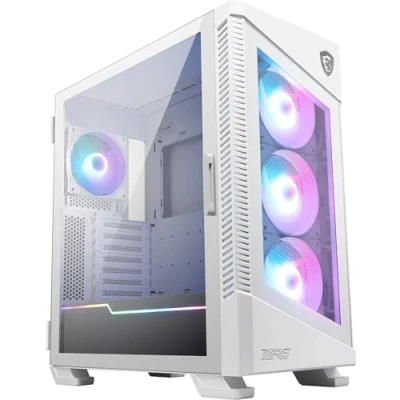 Image de MPG Velox 100R White Boîtier PC Gaming : ARGB, Support Vertical pour Carte Graphique, aérations latérales, Compatible radiateur 360mm, Type C, Panneau en Verre trempé, supporte jusqu&#039;à 7 Ventilateurs