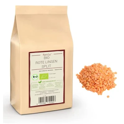 Image de 1kg de lentilles rouges fendues séchées BIO légumineuses sans additifs dans un emballage biodégradable