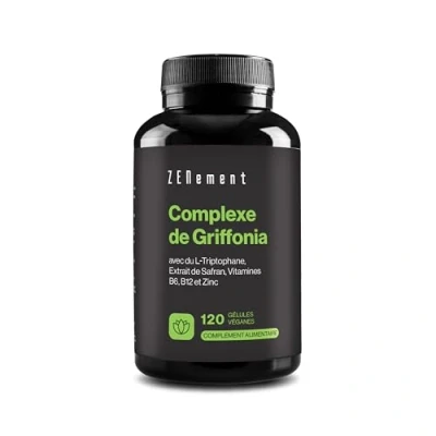 Image de Griffonia avec L Tryptophane, Extrait de Safran, Vitamines B6, B12 et Zinc 120 Végan Gélules Testé en laboratoire Système nerveux, fonction psychologique Sans Additifs, OGM Zenement