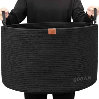 Image de GOCAN XXXL Extra Large Couverture Panier Coton Corde D55 X H35cm Paniers À Linge Tissés pour Couvertures De Rangement avec Poignées Jouets Oreillers Salon