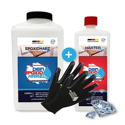 Image de Couche épaisse Résine époxy avec durcisseur 3 kg Qualité professionnelle, ultra transparente et à faible odeur 10 cm en un seul moulage + gants de protection