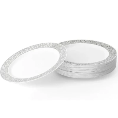 Image de MATANA 20 Assiettes à Dessert en Plastique Blanc avec Bordure Argentée, Petites pour Mariages, Anniversaires &amp; Fêtes (19cm) Solide Réutilisable