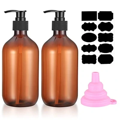 Image de 2 Pièces 500 ML Distributeur de Savon, Flacons Vides à Pompe Pression Rechargeable, Bouteilles Vide Plastique pour Savon Shampoing Lotion Douche Marron