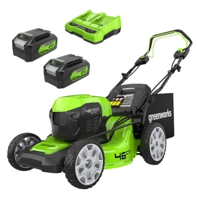 Image de Greenworks 2x24V Tondeuse à Gazon Sans Fil Autopropulsée Pelouses Jusqu&#039;à 480m², Largeur de Coupe 46cm, Sac 55L &amp; DEUX Batteries 4Ah Un Chargeur Double, Garantie 3 Ans GD24X2LM46SPK4X