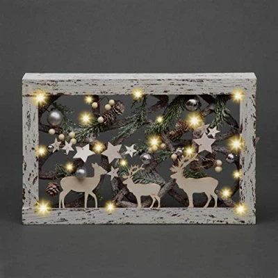 Image de SHATCHI Décoration de Table Noël pré éclairée avec Cadre LED Blanc Chaud et Pommes pin Boules Maison (Arbre/étoile, Bois, Rectangle en 40 x 25 cm)