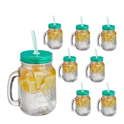 Image de Relaxdays Verre à Cocktails avec Couvercle et Paille Incluse, Lot de 8, 500 ML, Style rétro, Estival, Anse, Vert