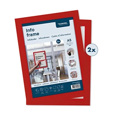 Image de Europel Cadre d&#039;affichage autocollant magnétique en PVC, A5 rouge, set 2 pièces, adhésif repositionnable, visible recto verso, portrait ou paysage, dimension hors tout 238x176mm