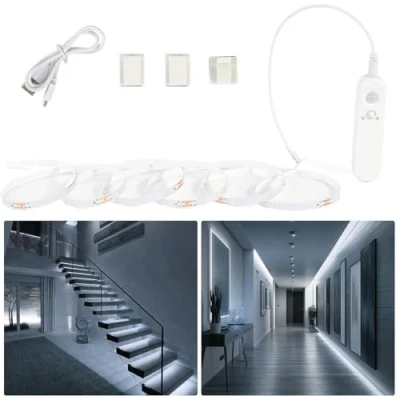 Image de Hoobabuy Ruban LED avec Détecteur Mouvement et Capteur Lumière, Batterie Rechargeable, D&#039;éclairage à Intensité Variable sous Armoire Pour Escaliers, Cuisine, 2M, Blanc Froid 6500K