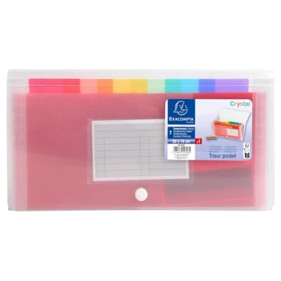 Image de Exacompta Réf. 55398E Carton de 5 trieurs valisette midi Crystal couverture et intérieur en PP dos extensible fermeture par bouton poussoir 7 compartiments dim 26x14 cm cristal