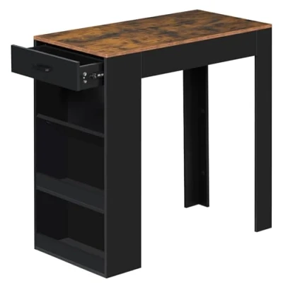 Image de WOLTU Table de Bar, Haute Cuisine, Haute, à Manger, avec 1 Tiroir et 3 Compartiments Ouverts, en Bois d&#039;Ingénierie, Marron Rustique + Noir, 100x50x100cm
