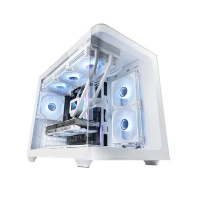 Image de MARSGAMING MC FUSIONM, Boîtier Gaming Micro ATX, Fenêtre Latérale et Façade Verre Trempé Courbé Continu, Mini Tour PC Double Chambre, Support Refroidissement Liquide, Espace Interne Optimisé, Blanc