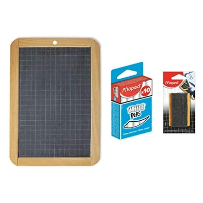 Image de MAPED Kit Ardoise Noire en Pierre Cadre Bois (L)260 x (H)182 mm + Petite Brosse Eponge et Feutrine 1 Boîte de 10 Craies Blanches, 981750