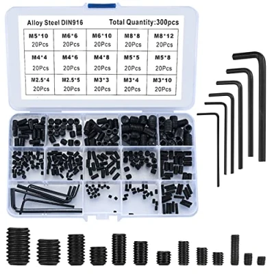 Image de 300 Pièces Vis Sans Tête Hexagonale, Kit Assortiment à Six Pans Creux, M2.5/M3/M4/M5/M6/M8 Acier Allié Douille Hex pointeau avec Clé Allen