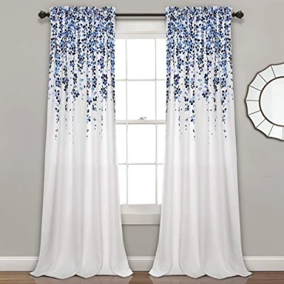 Image de Lush Decor Paire de Rideaux fenêtre filtrant la lumière avec Motif Fleur pleureuse, 132,1 x 213,4 cm + tête 5,1 cm, Bleu Marine et Bleu, charmants Floraux Modernes pour Salon,