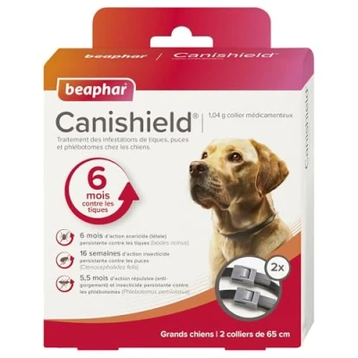 Image de Beaphar CANISHIELD 1,04 g Lot de 2 colliers antiparasitaires pour grands chiens Substance active : Deltaméthrine Agit contre les tiques, puces et phlébotomes 65 cm