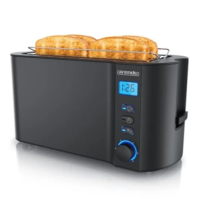 Image de arendo Grille Pain 2 Larges Fentes 4 tranches écran Digital Automatique 3en1 1500W 6 Niveaux réglables décongélation réchauffe viennoiseries Plateau à miettes Toaster Noir