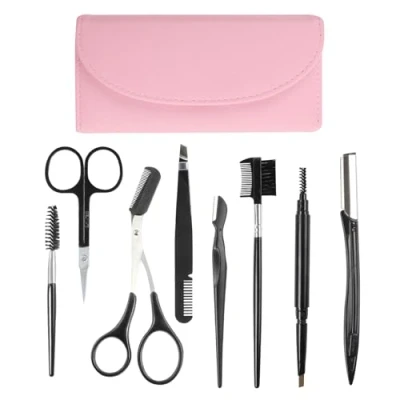 Image de Rasoir à sourcils,kit de sourcils 8 en 1,rasoir polyvalent pour femme,comprenant un rasoir,des ciseaux,une pince épiler,une brosse sourcils,un sac rangement exquis