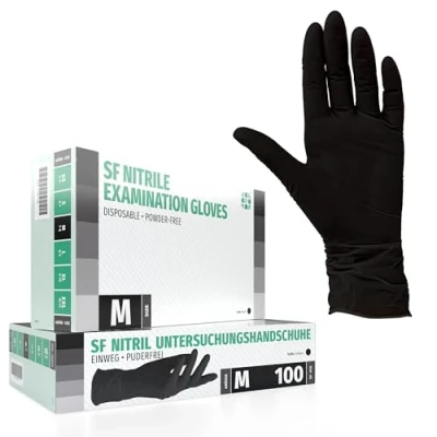 Image de SF Medical Products GmbH Gants en nitrile Boîte de 100 pièces (M, Noir) d&#039;examen jetables, sans poudre, latex, non stériles, médicaux, tatouage, gants, à usage unique