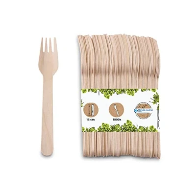 Image de BIOZOYG 1000 bois tasses à usage unique I jetables couverts Parti biodégradable vaisselle unique, fourches en compostables 16,5 cm