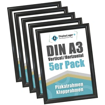 Image de DisplayLager 5 Cadre à Clipser A3, pièces, Noir pour Affiches avec Profil en Aluminium argenté de 25 mm vitre Protection antireflet et matériel Fixation