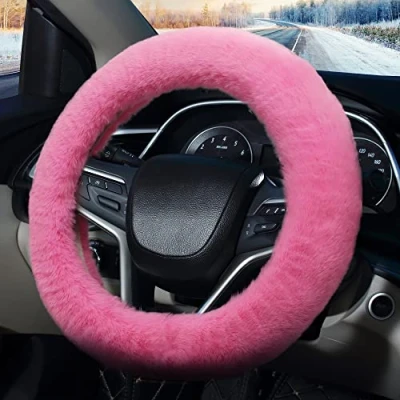 Image de Pahajim Couvre Volant Fluffy Housse Voiture en Fourrure，Fuzzy Caches de Universelle 36 39cm Moumoute pour Femmes (Rose)