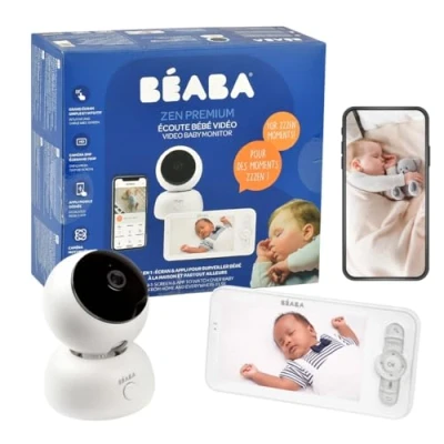Image de Béaba, Babyphone, Ecoute Bébé Vidéo 2 en 1, Ecran/Application mobile dédiée, Caméra HD, Rotation à 360, Vision Nocturne, Talkie Walkie, Berceuses, Contrôle température et humidité, Zen Premium Blanc