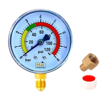 Image de Manomètre pression eau 0 8 bar/120 psi connexion 1/4&quot;BSP connecteur latéral en laiton, pour réducteur de et ballon d&#039;eau chaude fournis avec un teflon ainsi qu’un adapteur 1/8&quot;
