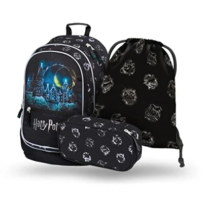Image de Baagl Ensemble de 3 sacs à dos d&#039;écolier, cartable pour école primaire, primaire avec sangle poitrine, ergonomique, Harry Potter Poudlard,