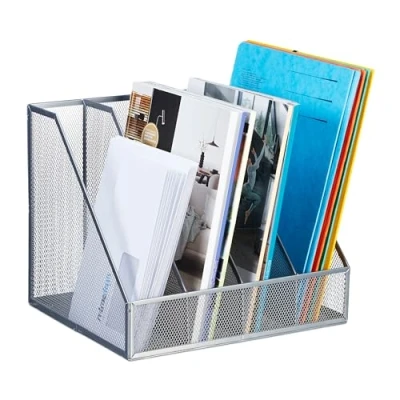 Image de Relaxdays Range revues, 4 Compartiments, Format A4, Design Maille, HLP 26x31x26 cm, Bureau/télétravail, métal, argenté