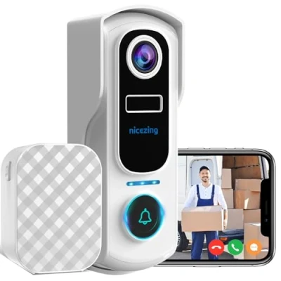 Image de nicezing Sonnette sans Fil avec Camera, 2K FHD Exterieur Etanche, Détection Humaine PIR, Vision Nocturne Couleur, Message Vocal, Appel Vidéo, IP67 Étanche, Support Cloud/SD Et Alexa