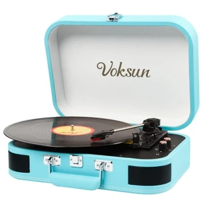 Image de Platine Vinyle, VOKSUN Bluetooth in/Out Portable Vintage Turntable with Built in Speakers, 3 Speed Belt Driven USB Suititcase Vinyl LP Player, AUX in, RCA Line Headphone Jack Auto Stop (Bleu)