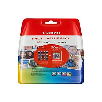 Image de Canon CLI 526 C M Y BK VALUE Pack de 4 cartouches (Noir Cyan Magenta Jaune) +50 feuilles Papier Photo 10x15cm Certifié (Plastique Obsolète 2018)