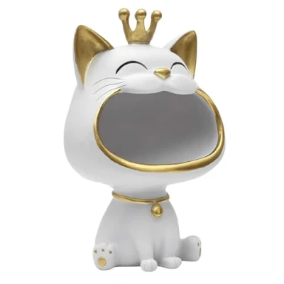 Image de HOME DECO FACTORY, HD0157, Statue de Chat Blanc Vide Poche, Objet déco élégant et Pratique, Finition Moderne, idéal pour Organiser Vos Petits Objets, Taille Unique, Couleur Blanche dorée