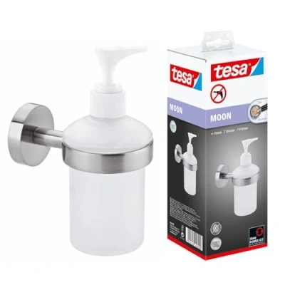 Image de tesa Moon distributeur de savon liquide mural, acier inoxydable look, adhésif, technologie sans percer, 155mm x 70mm 110mm