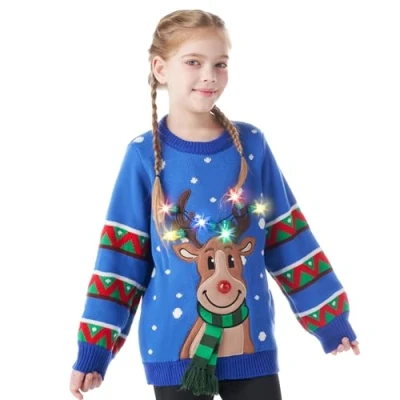Image de JOYIN Pull de Noël Moche pour Enfant avec lumière LED en Forme Renne, Ampoules intégrées garçons et Filles (Bleu)