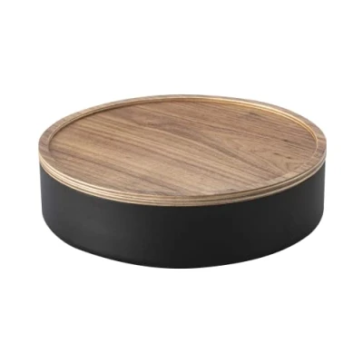 Image de YAMAZAKI 5800 RIN Boîte de rangement avec couvercle ronde, noir, Acier/Bois, minimaliste, 22 x 6 c m